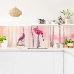 Küchenrückwand - Vögel Auf Zweigen In Rosa -Heimische Küche wallart kuchenruckwand vogel auf zweigen in rosa 2