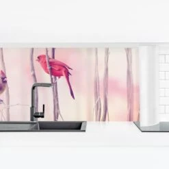 Küchenrückwand - Vögel Auf Zweigen In Rosa